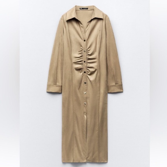 Zara Ruched Faux Suede Button Down Midi Dress - Picture 5 of 11